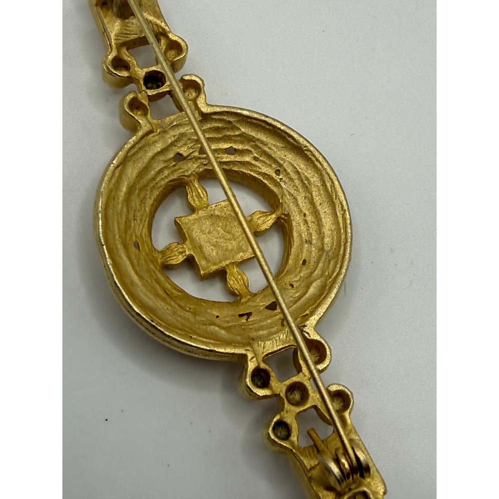 Vintage Matte Gold Tone Geometric Bar Brooch Textured Beaded Design Accessory - Picture 8 of 10